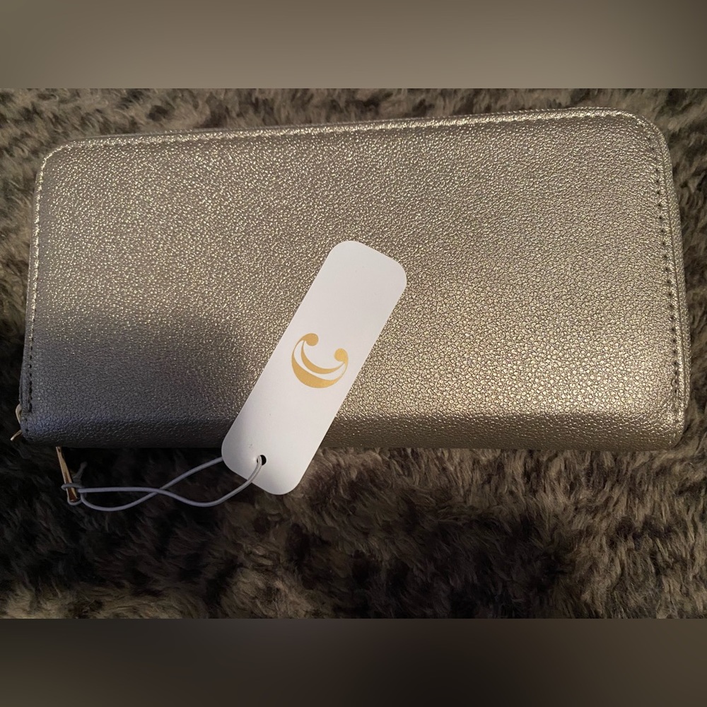 Charming Charlie Pewter Wallet with two zippers and handle wristlet